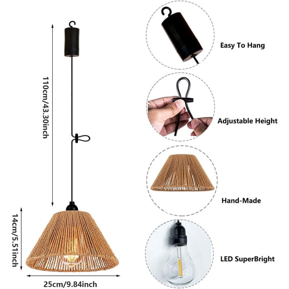 TG4THT-Fall Home Decor Battery Operated Pendant Light Outdoor Chandelier for Gazebo Hanging Lamp with LED Bulbs Rattan Shade Lantern for Hanging Plant Shelf Porch Patio Backyard Bedroom Kitchen