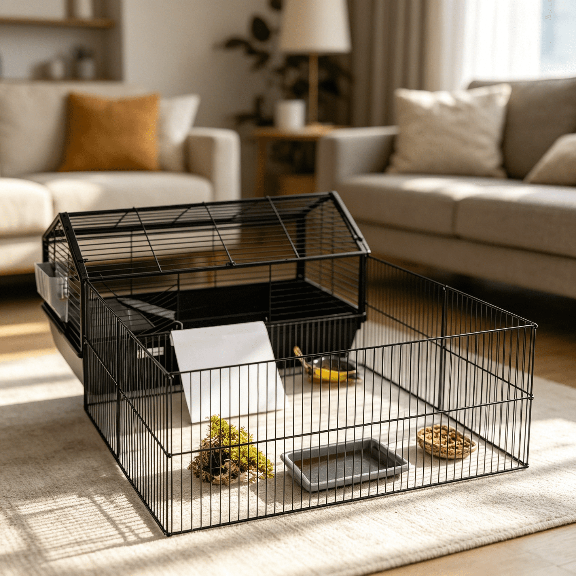 Rolling Hutch Cage with Ramp for Rabbits and Small Pets, Portable Indoor Pet House with Wheels, Black Steel and Plastic Design