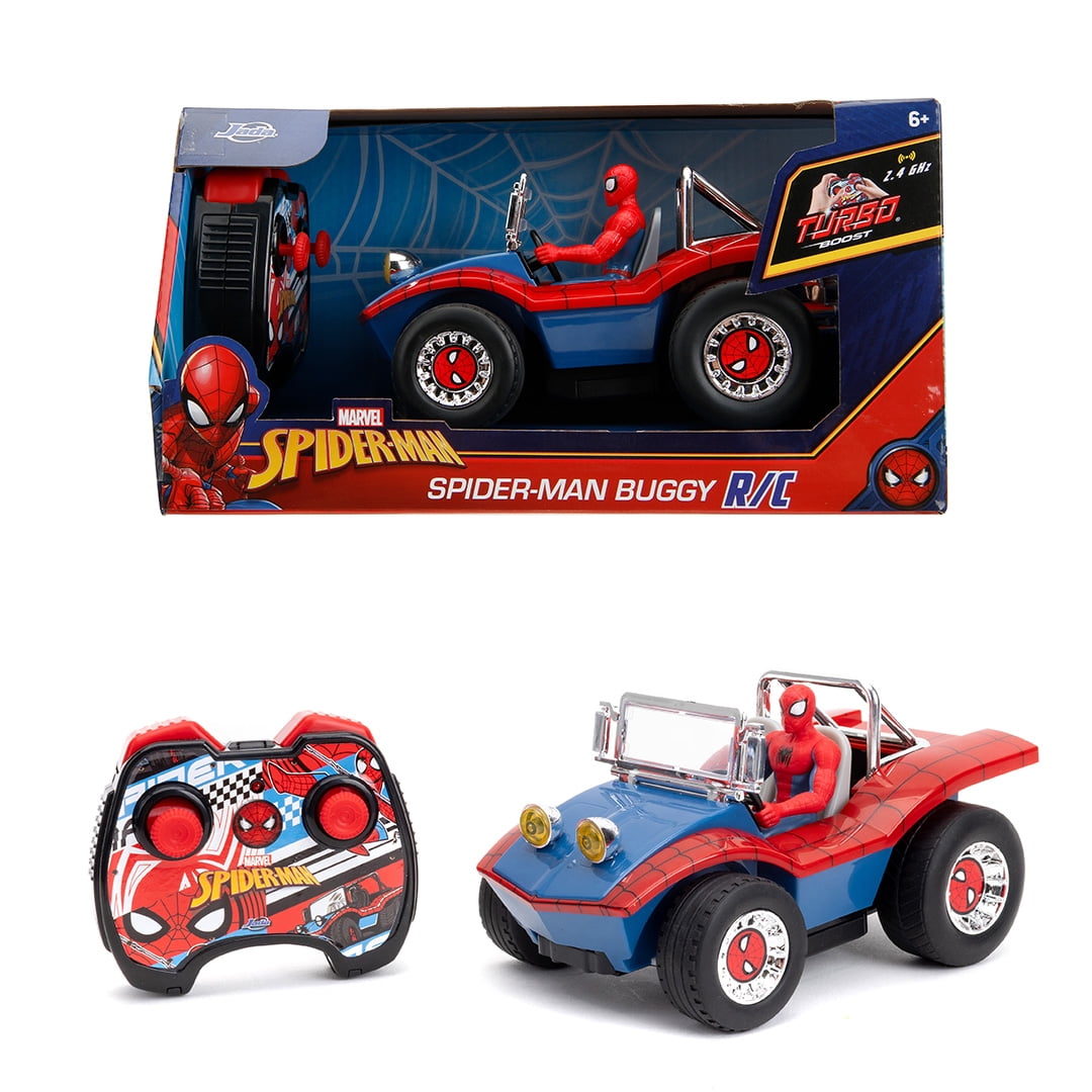 Jada Spider-Man Buggy RC with Non-Removable Spider-Man Figure – 7", Turbo Button, Full-Function Remote Control, Ages 6+, Red/Blue