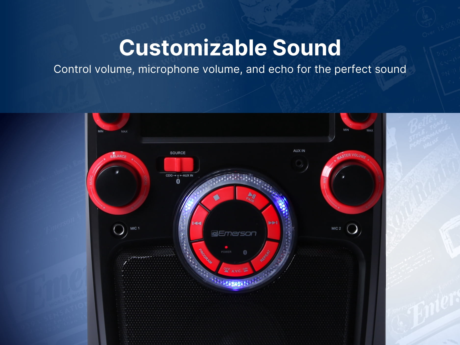 Emerson Portable Bluetooth Karaoke System with 7" LCD Display and Mic Input