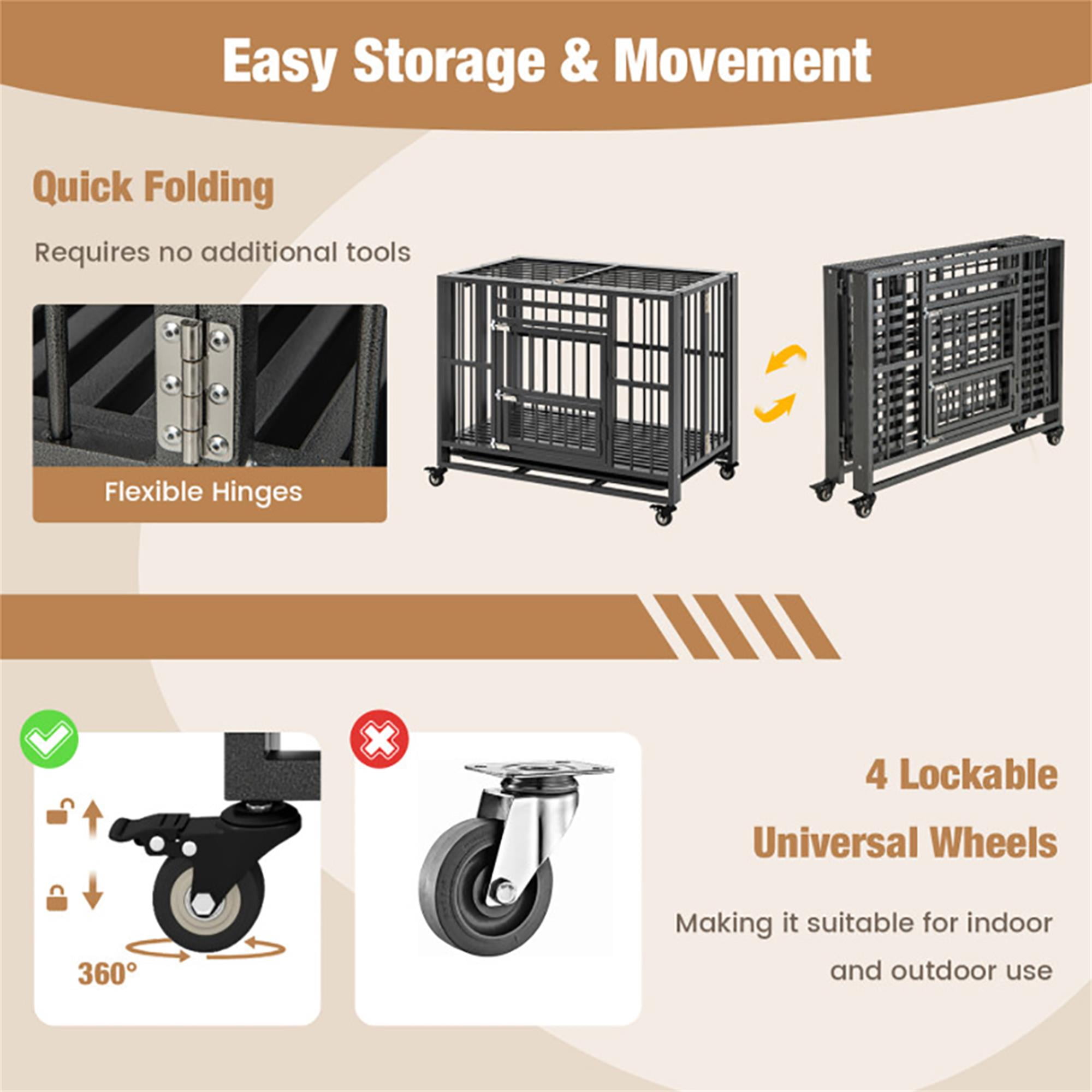 Kadyn 37" Heavy Duty Dog Cages with Tray, Metal Escape Proof Kennel with Lockable Wheels, Dog Crates for Medium Dogs, Indoor Rabbit Hutch, Black