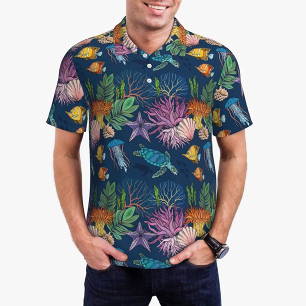 Fotbe Undersea Animals Camiseta Polo de Golf para Hombre con Estampado – Camisa Deportiva Transpirable con Cuello Abotonado-Small