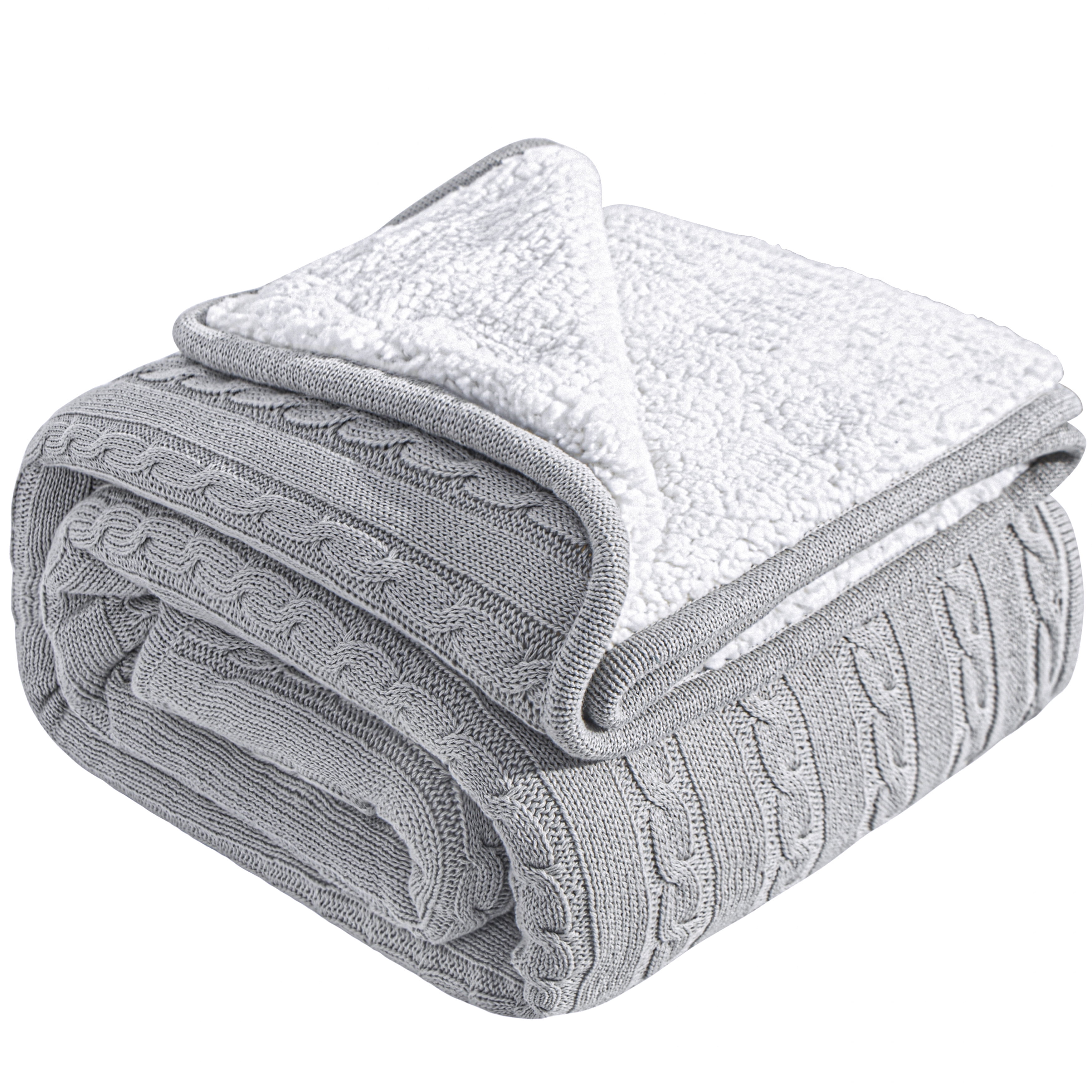 Ntbay Cotton Cable Knit Sherpa Twin Blanket for Couch, Soft Warm Fleece Knitted Throw for Bed, Sofa, Chair - Extra Cozy, Machine Washable, Comfortable Home Decor, 60"x80", Silver Gray
