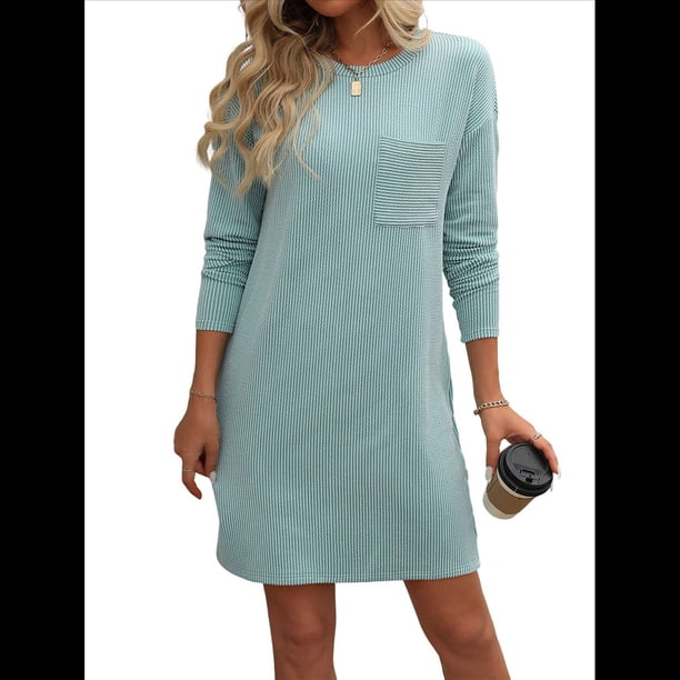 Vestido Mini Informal de Otoño para Mujer, con Cuello Redondo, Larga y Canalé Lago Verde XXL