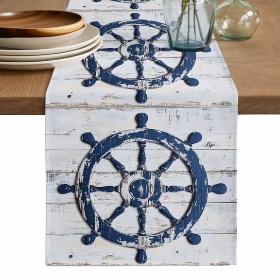 Navy Blue Coastal Table Runner, Nautical Summer Rudder Vintage Washable Cotton Linen Table Runners 60 Inches Long, Dresser Scarf Runner for Coffee/TV Stands/Kitchen/Cabinets 13''x60''