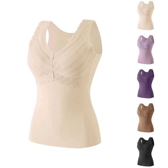 Women Thermal Sleeveless Camisole Built-in Bra Fleece Lined Warm V Neck Tank Top Solid Color Stretchy Slim Fit Winter Layering Underwear Vest