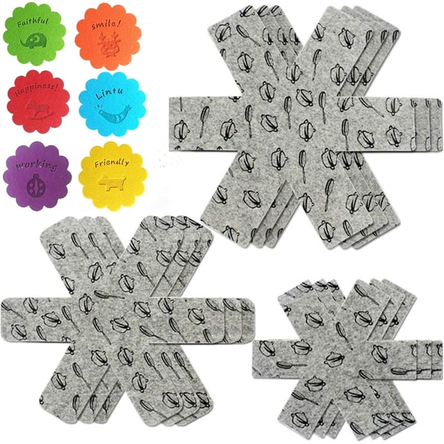 Pot and Pan Protectors,Set of 15Pcs 3 Different Sizes&6 Colored Coasters,Cookware Protector Set/Pots and Pans Dividers/Pans Separator Anti-Slip to Avoid Scratching or Marring When Stacking(9+6)