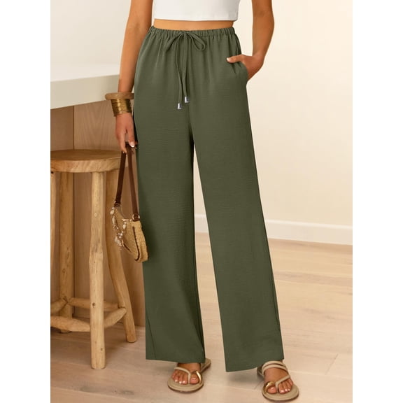 Cutuoiiu Women's High Waisted Solid Color Wide Leg Pants, Drawstring Elastic Waist with Pockets, Lightweight Loose Fit Long Trousers for Everyday Wear Gift