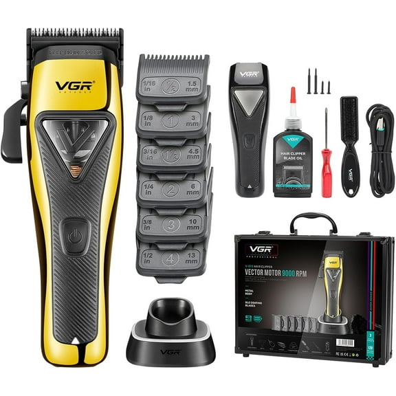 VGR 015 Professional Cordless Hair Clippers for Men, 9000 RPM Vector Motor Hair Trimmer DLC-Blade Barber Clipper for Hair Cutting with Metal Body, 1 Modular Lid in Black, Travel Case