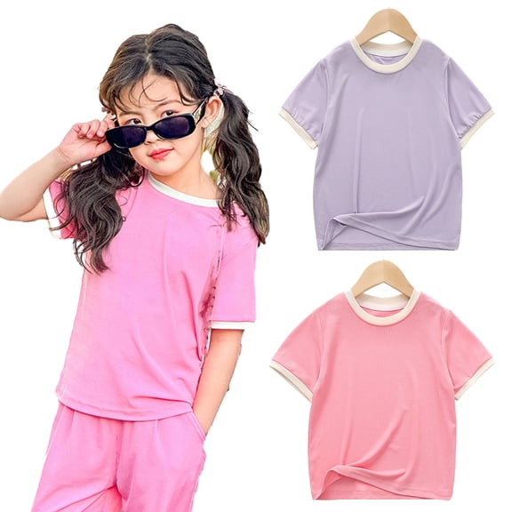 LYMAYTER Kids Summer Short-Sleeve T-Shirt for Girls 2-12T Baby Toddler Solid Color 100% Organic Cotton Tees Shirt Tops