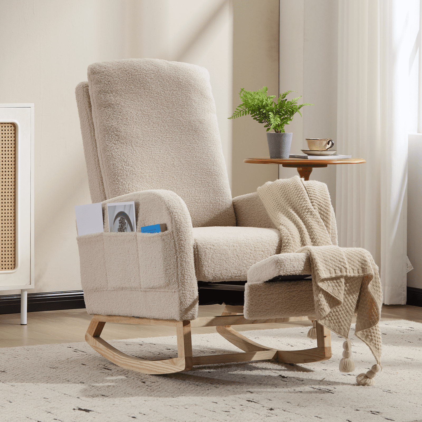 Modern Accent Rocking Chair w/ Solid Wood Legs, Upholstered Nursery Glider Rocker, Side Pocket Footrest, High Back Living Room Lounge Armchair in Beige Teddy