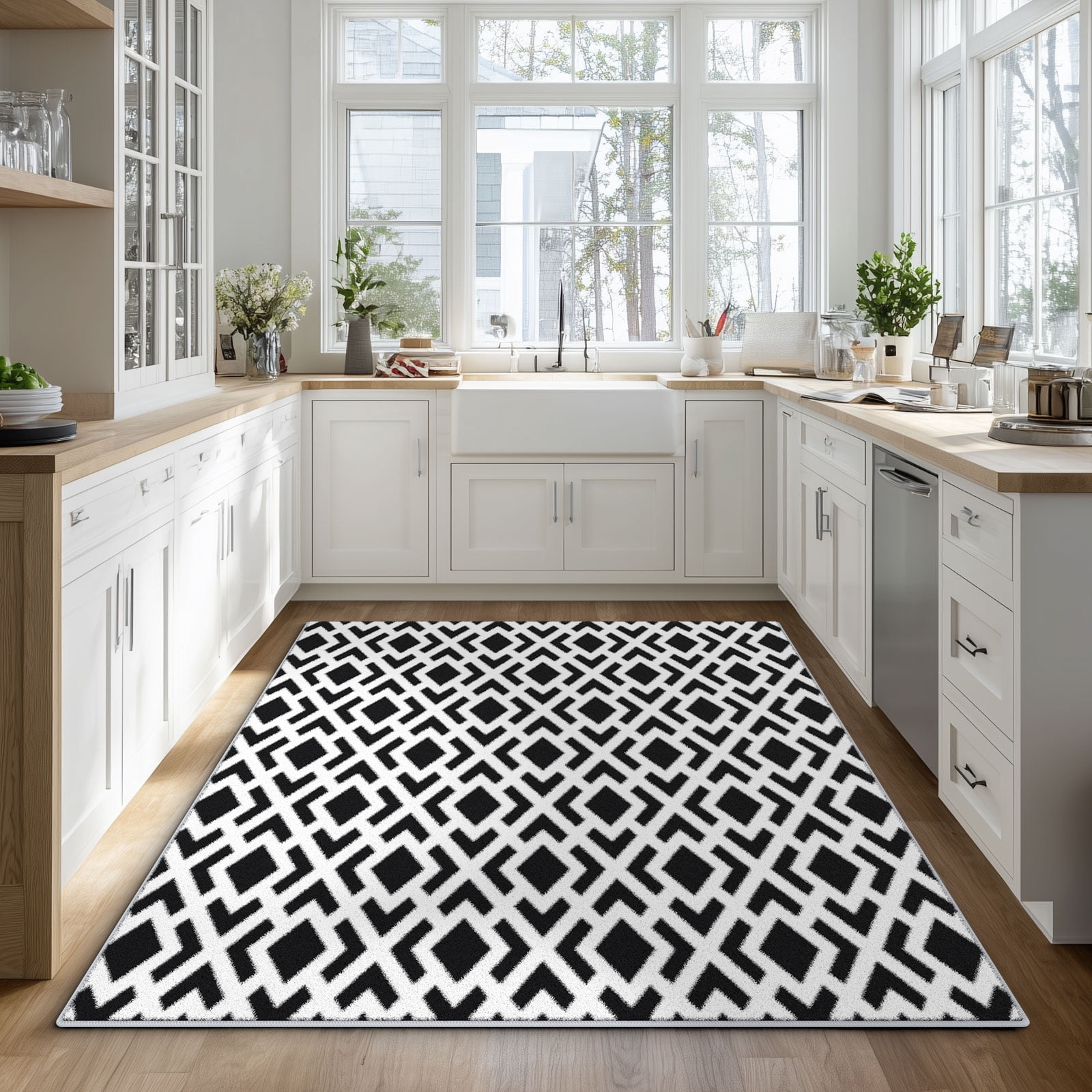 Curtilage 4'x6' Washable Area Rugs for Living Room, Non-Slip Diamond Geometry Indoor Rugs, Soft Low Pile Stain Resistant Carpet for Entryway, Nursery