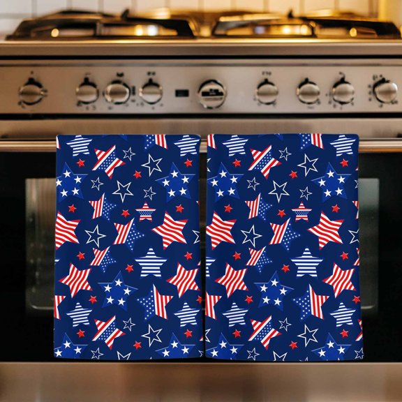 Independence Day Kitchen Towels Set of 3, America Blue Red Stars Anniversary Absorbent Dish Towels for Kitchen, Microfiber Hand Towel, Quick Drying Tea Towel for Cleaning Decorative Dishcloths