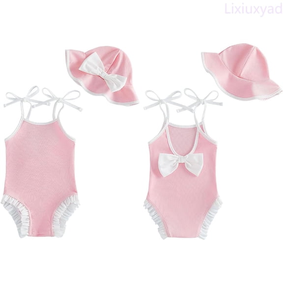 Lixiuxyad Toddler Kids Girl Swimsuit Baby Bow Swimwear 1 Piece Beach Swim Suit With Hat Baby Girl Bathing Suits,Swimsuits Sets Sizes 6-12 Months Pink