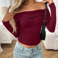 thumbnail image 4 of TFEOQRY Women's Off Shoulder Long Sleeve Top Ruffle Casual Party Going Out Crop Fashion Shirt Burgundy, 4 of 6