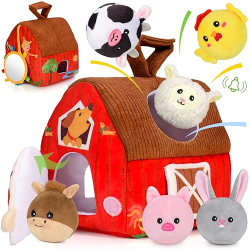 Baby Toys 6-12 Months: Plush Surprise Barn with Stuffed Farm Animals,Rattle,Crinkle Paper,Mirror,Busy Montessori Toys for Babies,Infant,Newborn,Sensory Toys for Toddlers 1-3