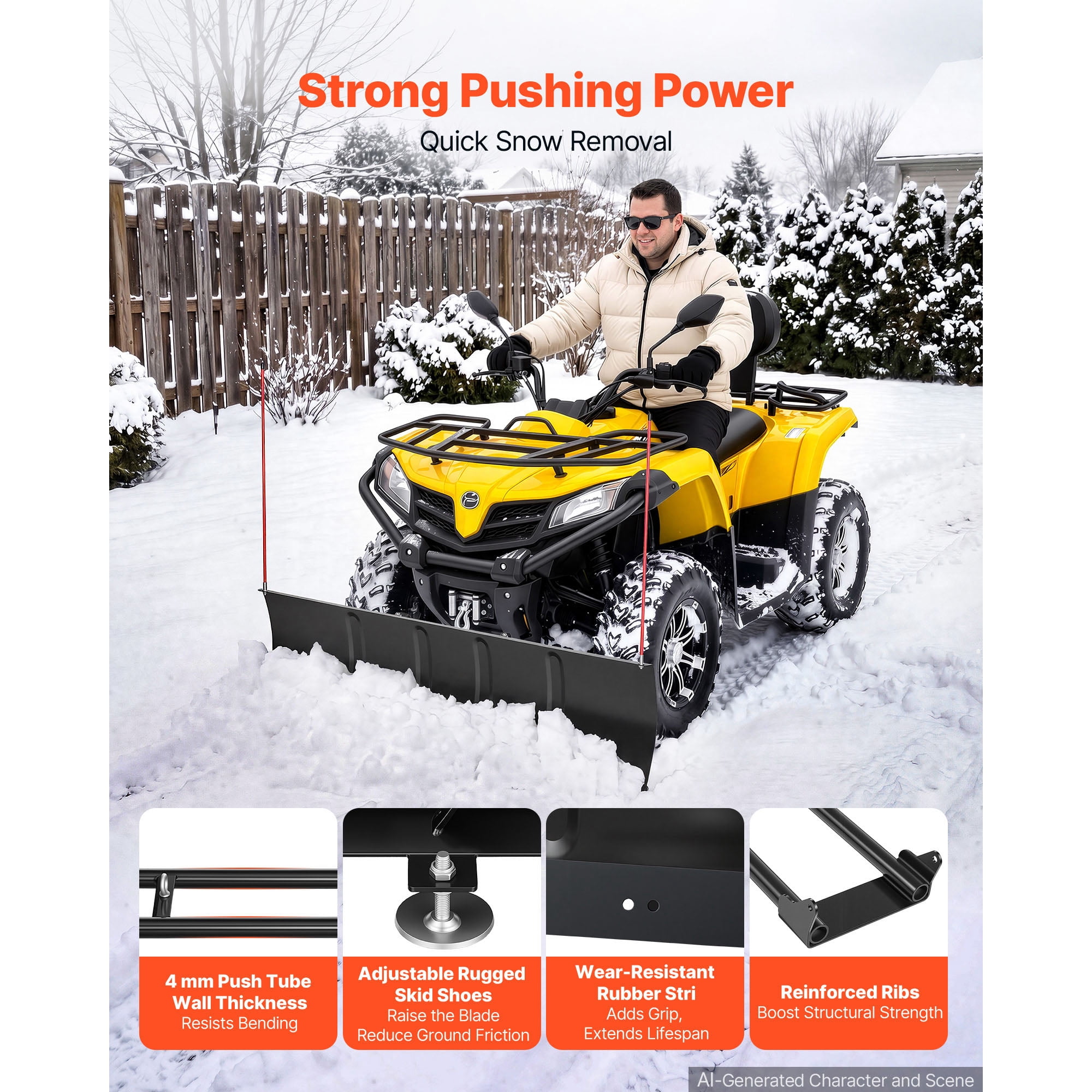 KFFKFF 48-inch Snow Plow Kit with Universal Attachment, Compatible with Most ATVs and UTVs, Adjustable Height and Angle, Quick Detachment, Durable Steel Blade for Effective Snow Removal