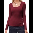 thumbnail image 3 of Camisas de Larga con Cuello Redondo para Mujer, Blusas Informales de Punto Acanalado de Corte Ajustado, Camisetas Básicas de Trabajo para Verano y Otoño. Vino Tinto M, 3 of 9