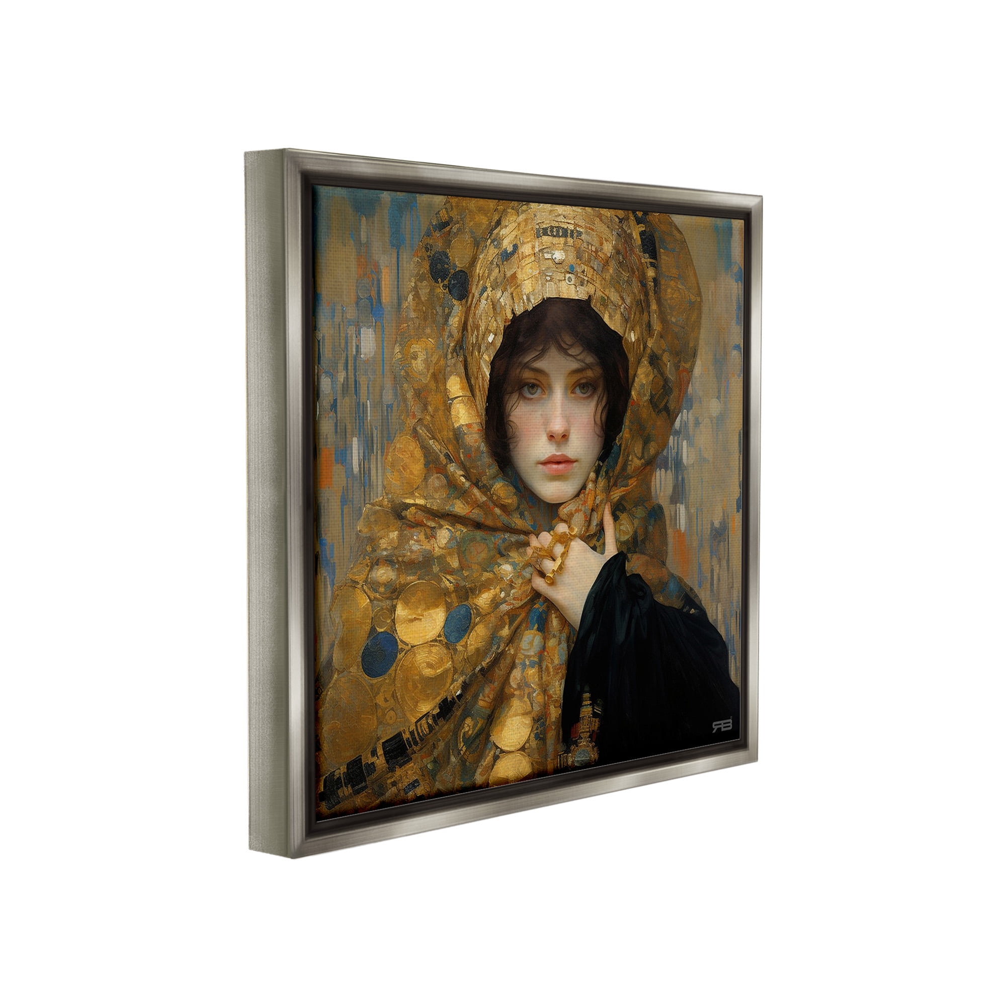Stupell Industries Woman in Patterned Gold Abstract Painting Gray Floater Framed Canvas Art Print Wall Art, 18 x 18