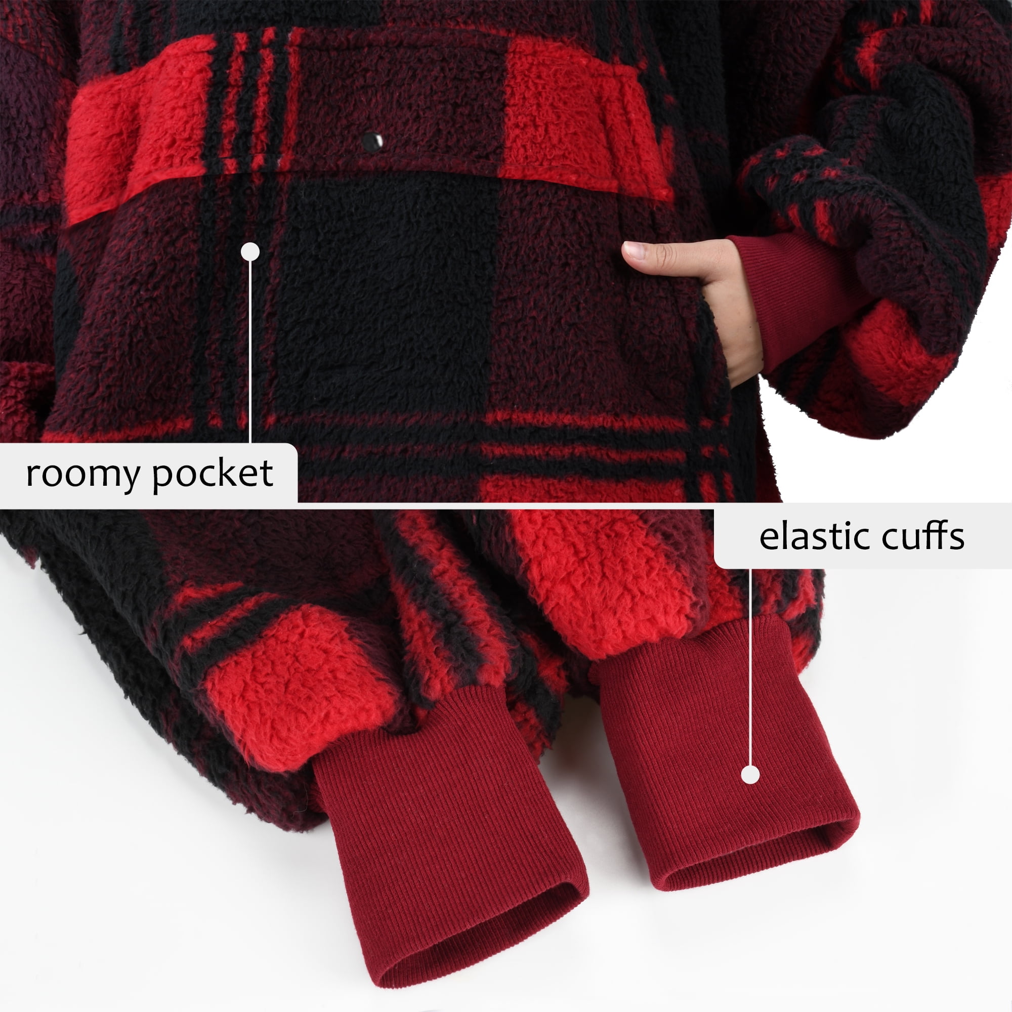 Catalonia Red Plaid Oversized Wearable Blanket Hoodie Sweatshirt, Comfortable Sherpa Lounging Pullover for Adults Men Women Wife Girlfriend, Gift for Her