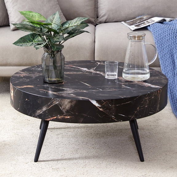 31.5" Marble-Patterned MDF Round Coffee Table with Black Metal Legs, Adjustable Feet, Modern Round Table Design,Black