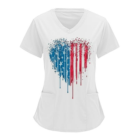 

4th Of July American Flag Tops Scrubs For Women Tops Blue Flag Printing Print Short Sleeve V Neck Solid Shirts Blouse With Pocket Nurse Uniforms Women