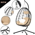 thumbnail image 2 of Foldable Hanging Basket Chair with Stand for Patio, Backyard, Balcony and Bedroom, Shinpt Wicker Swing Egg Chair with Stand and Soft Cushion (Beige), 2 of 8