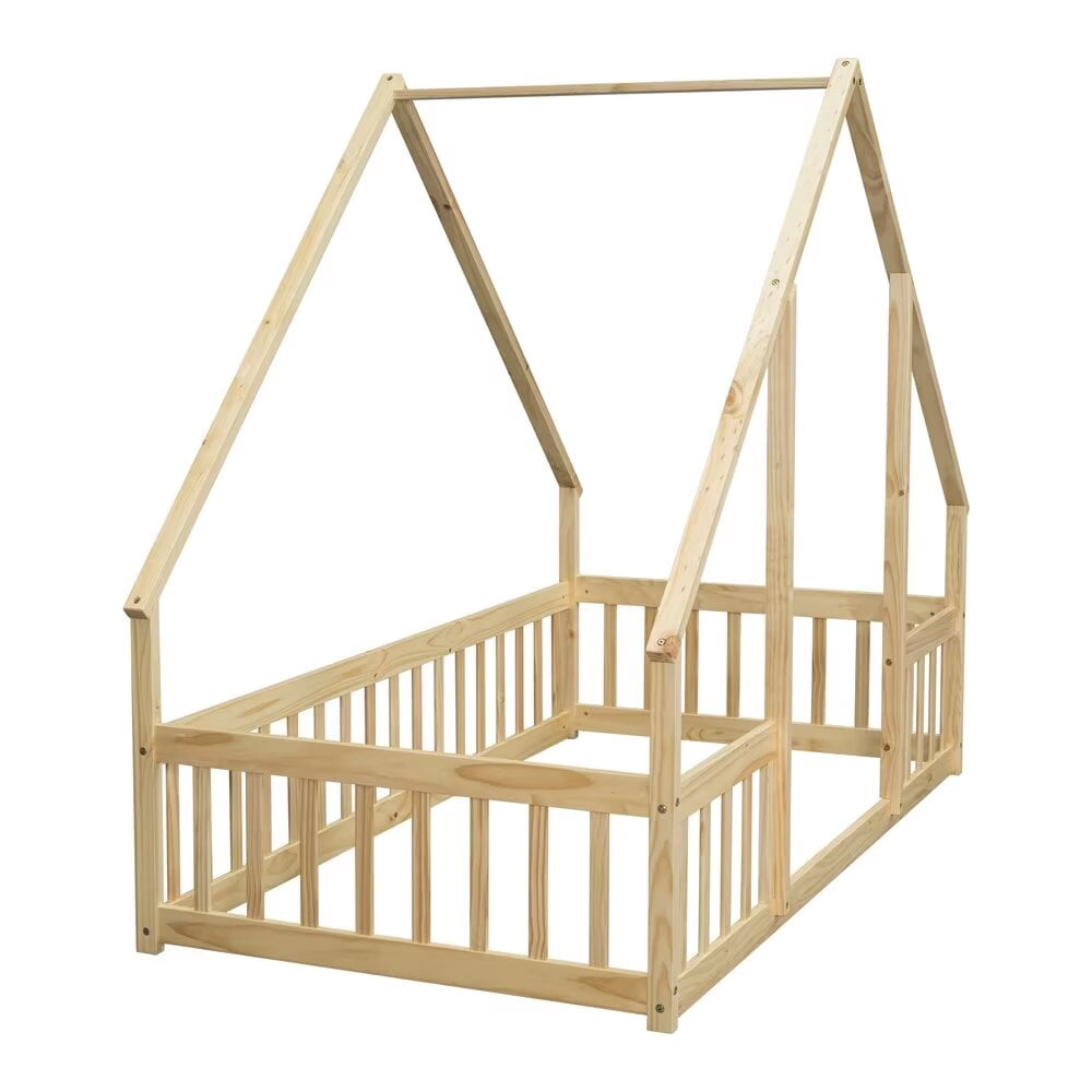 Twin Floor Bed, Wooden Montessori Bed Frame with Roof and Fence Guardrails, Natural