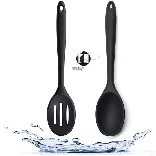 Armrouns Juego de cucharas antiadherentes de silicona, 2 cucharas de silicona para cocinar, cucharas de cocina resistentes al calor para mezclar cuchara de silicona sin Bpa (negro informal)
