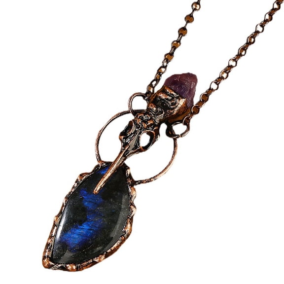 Natural Labradorite Raven Skull Pendant with Amethyst  Raw Crystal Gothic Witchy Necklace for Women, Boho Spiritual Jewelry
