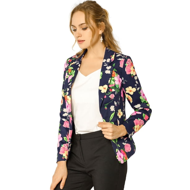 INSPIRE CHIC Chaqueta Tipo Blazer Informal Con Solapa De Muesca Y Manga Larga Para Mujer Azul marino-Floral S