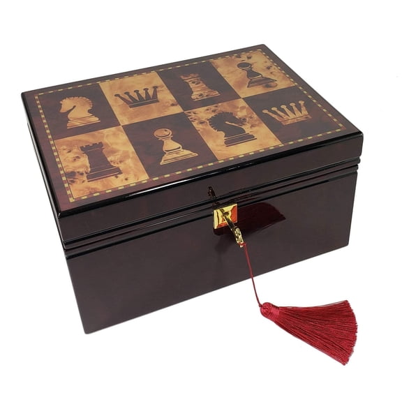Large High Gloss Cherry  Burlwood Color Chess Storage Box upto 4 3/4" men set