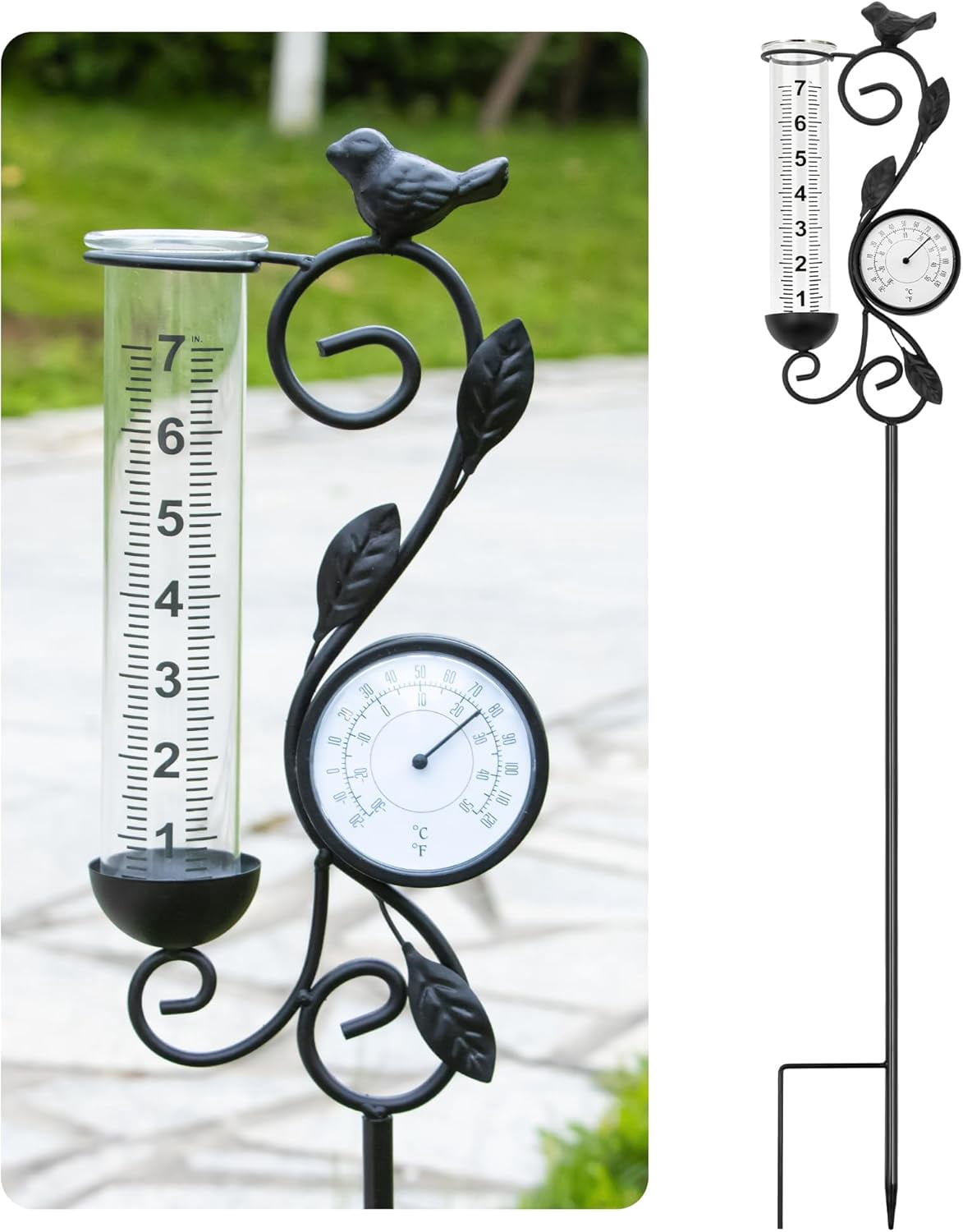 32" Garden Rain Gauge with Thermometer - 7" Glass Tube for Outdoor Indoor Use, Patio Yard Decor Statue