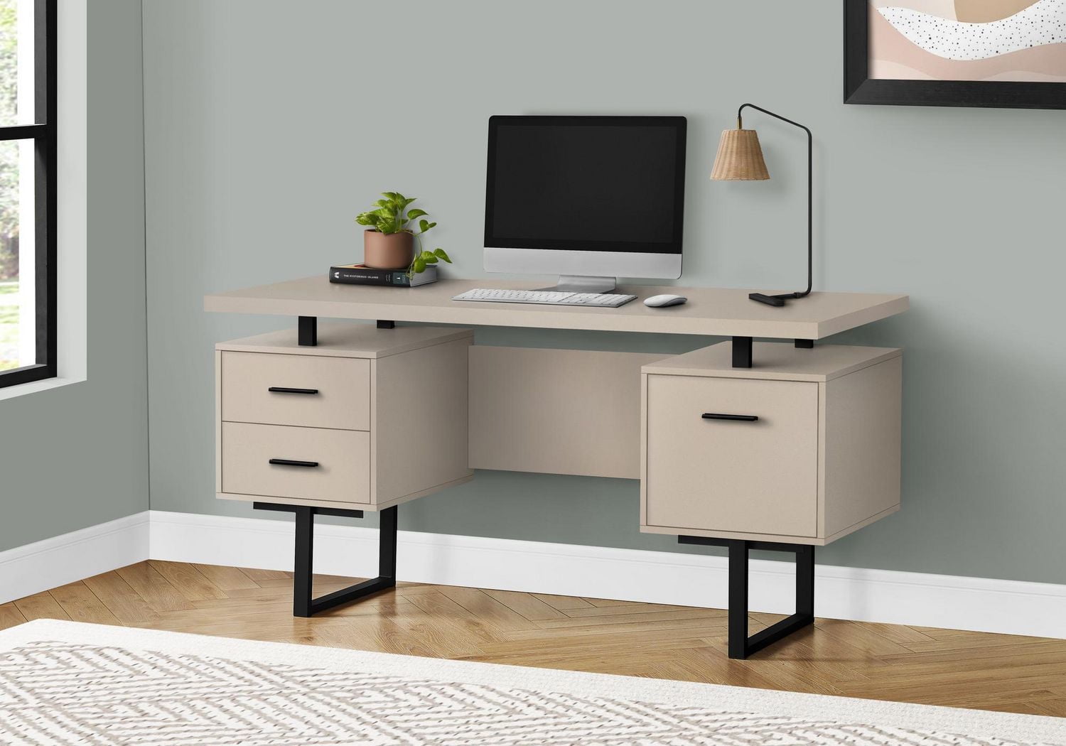 Monarch Specialties Bureau, Bureau À Domicile, Ordinateur Portable, Configuration Gauche, Droite, Tiroirs De Rangement, 60"l, Travail, Métal, Stratifié, Beige, Noir, Contemporain, Moderne