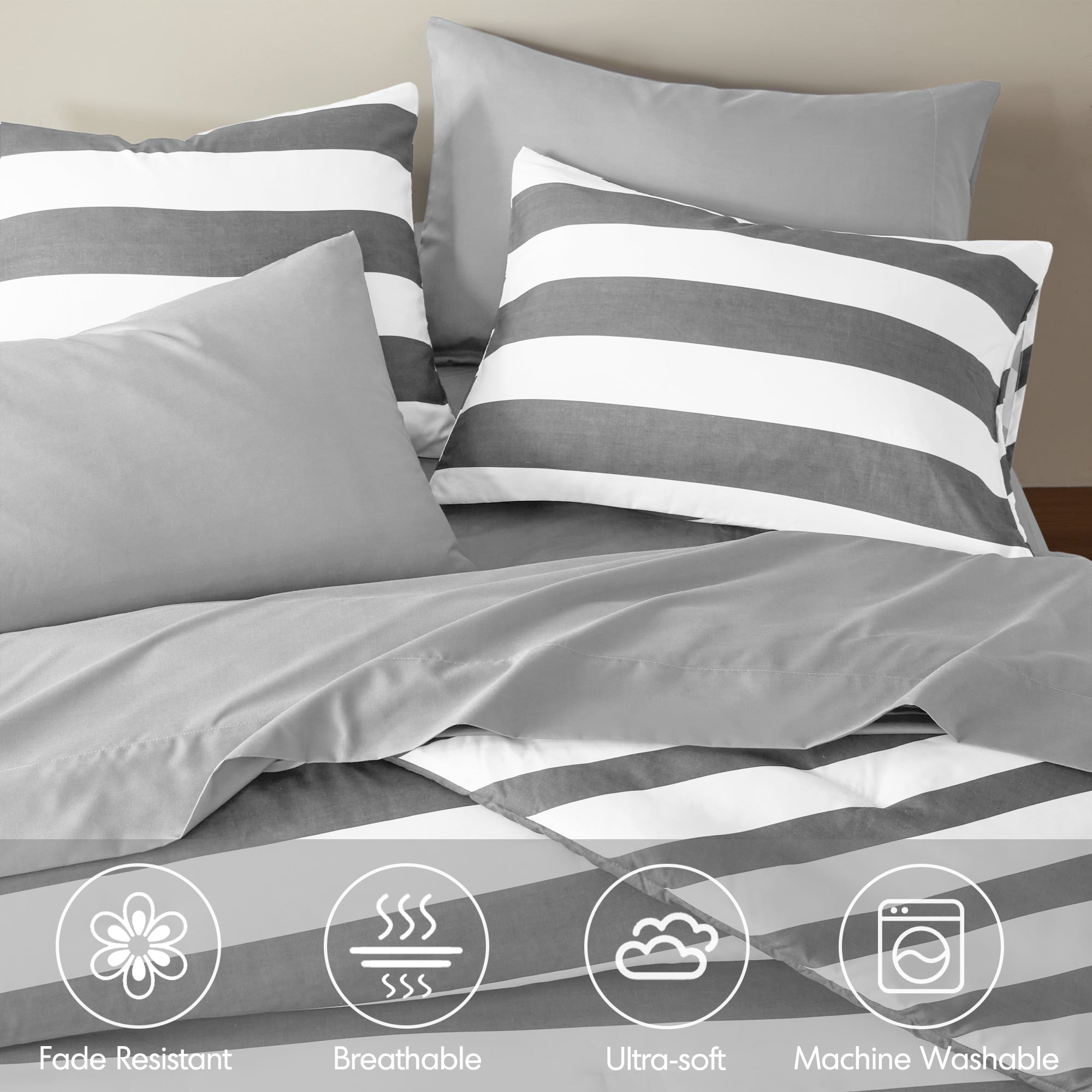 Regency Heights Essential King Size Comforter Sets, 3-Piece Bedding Set King, Reversible Striped Comforter Bed Set, Charcoal