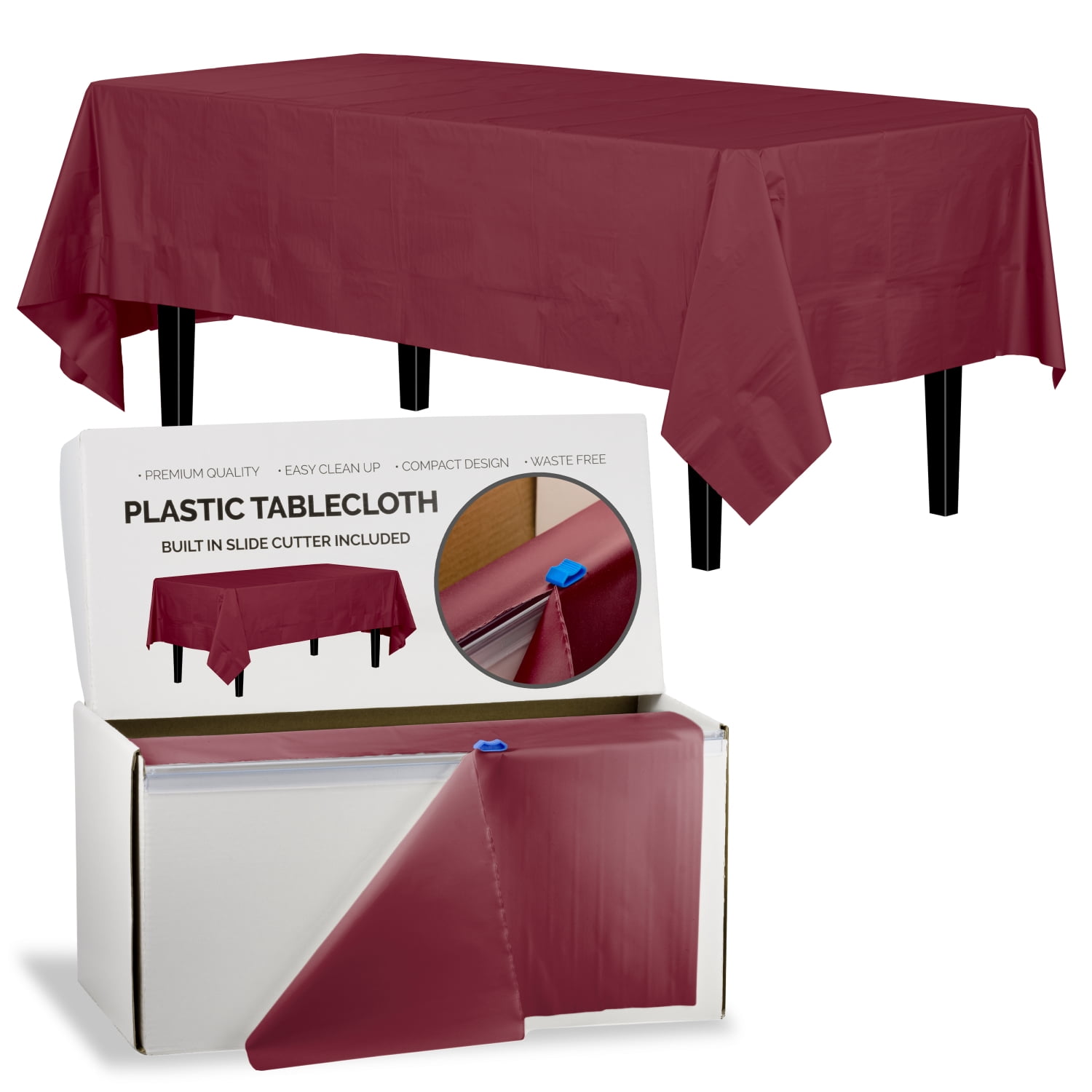 Exquisite 54 Inch. x 300 Ft. Plastic Tablecloth Roll With Built In Slide Cutter Burgundy