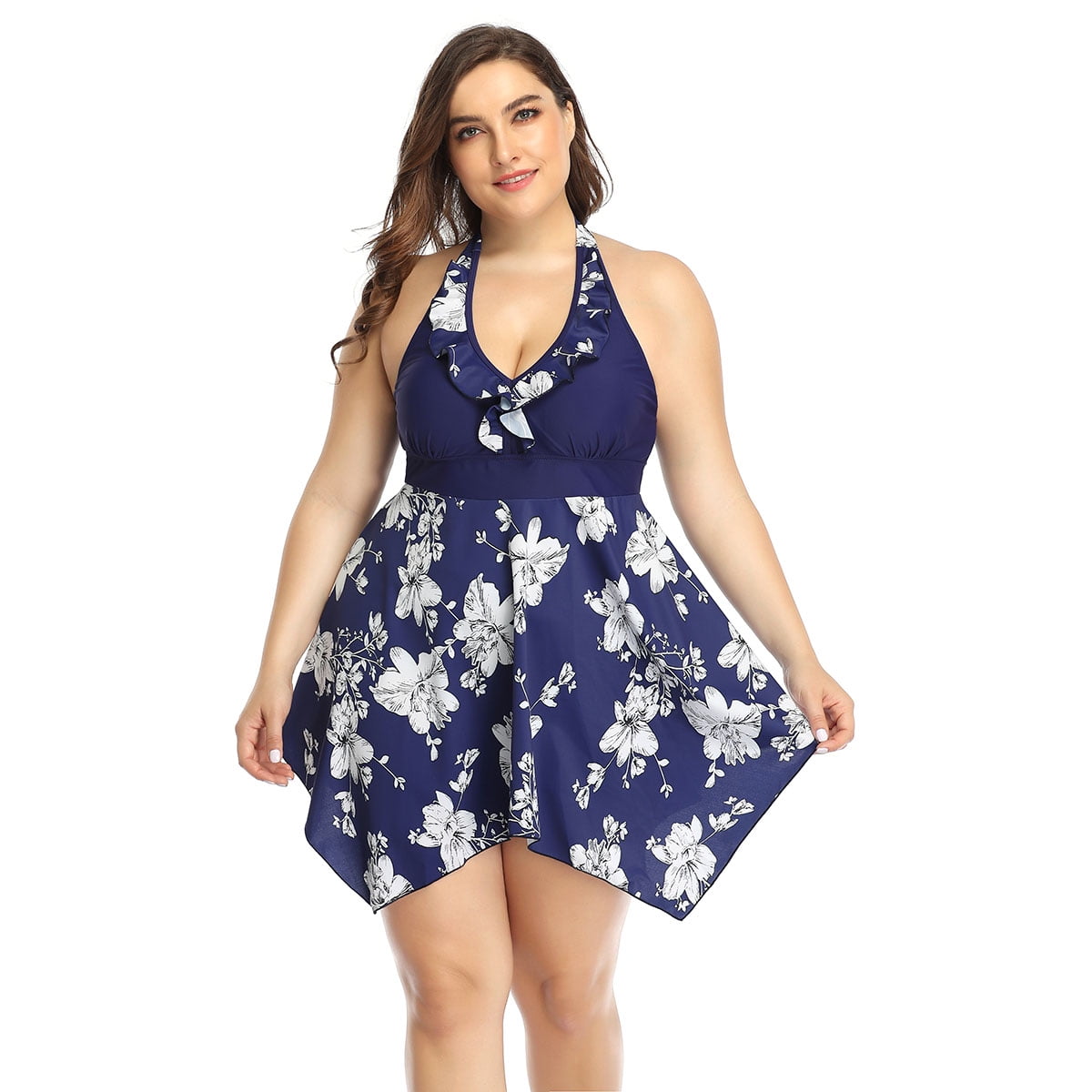 HAWEE Women Swimsuit Plus Size Vintage Floral Pattern Halter Bathing