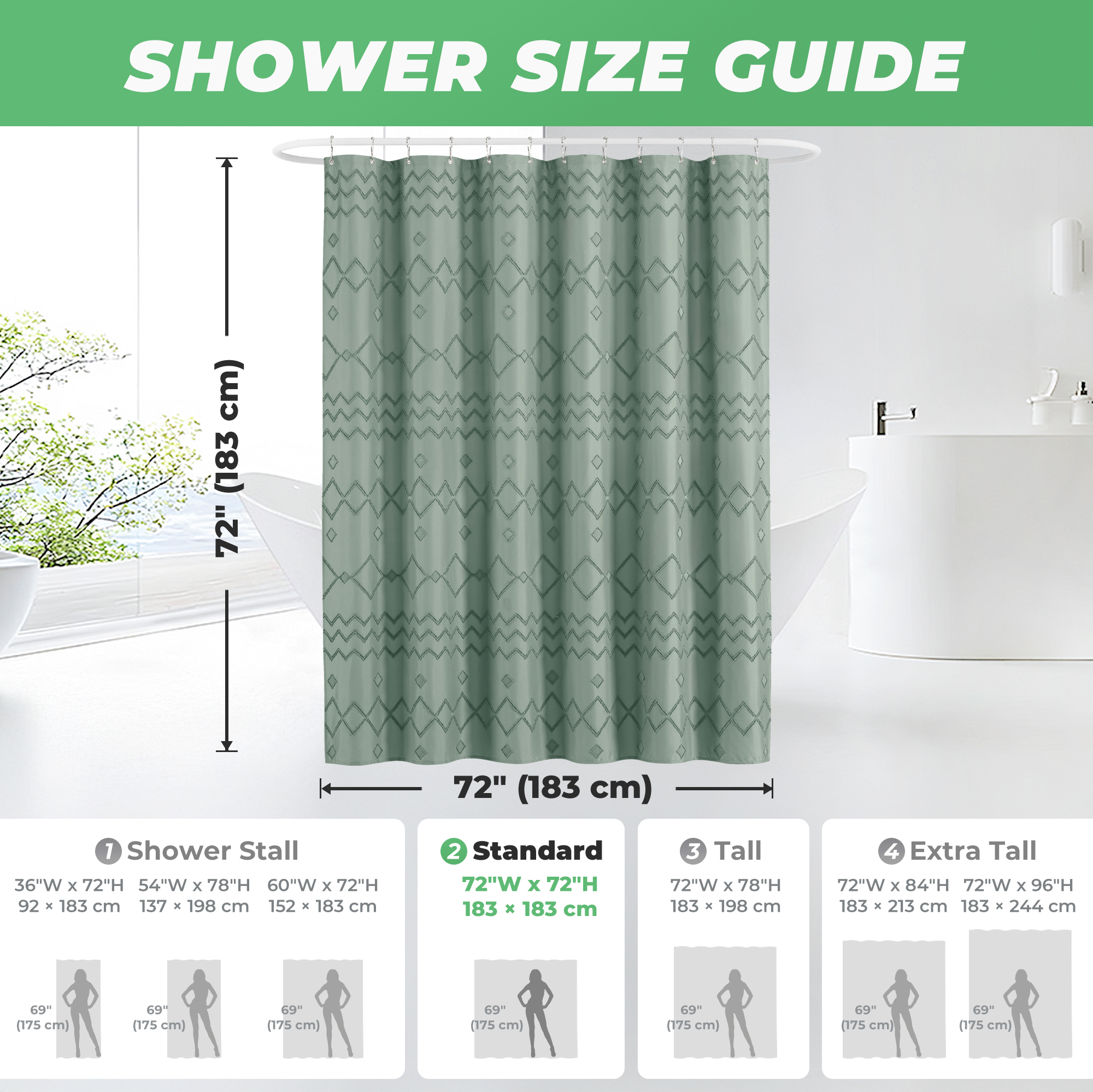 Seasonwood Boho Green Striped Fabric Shower Curtain with Hooks photo 3