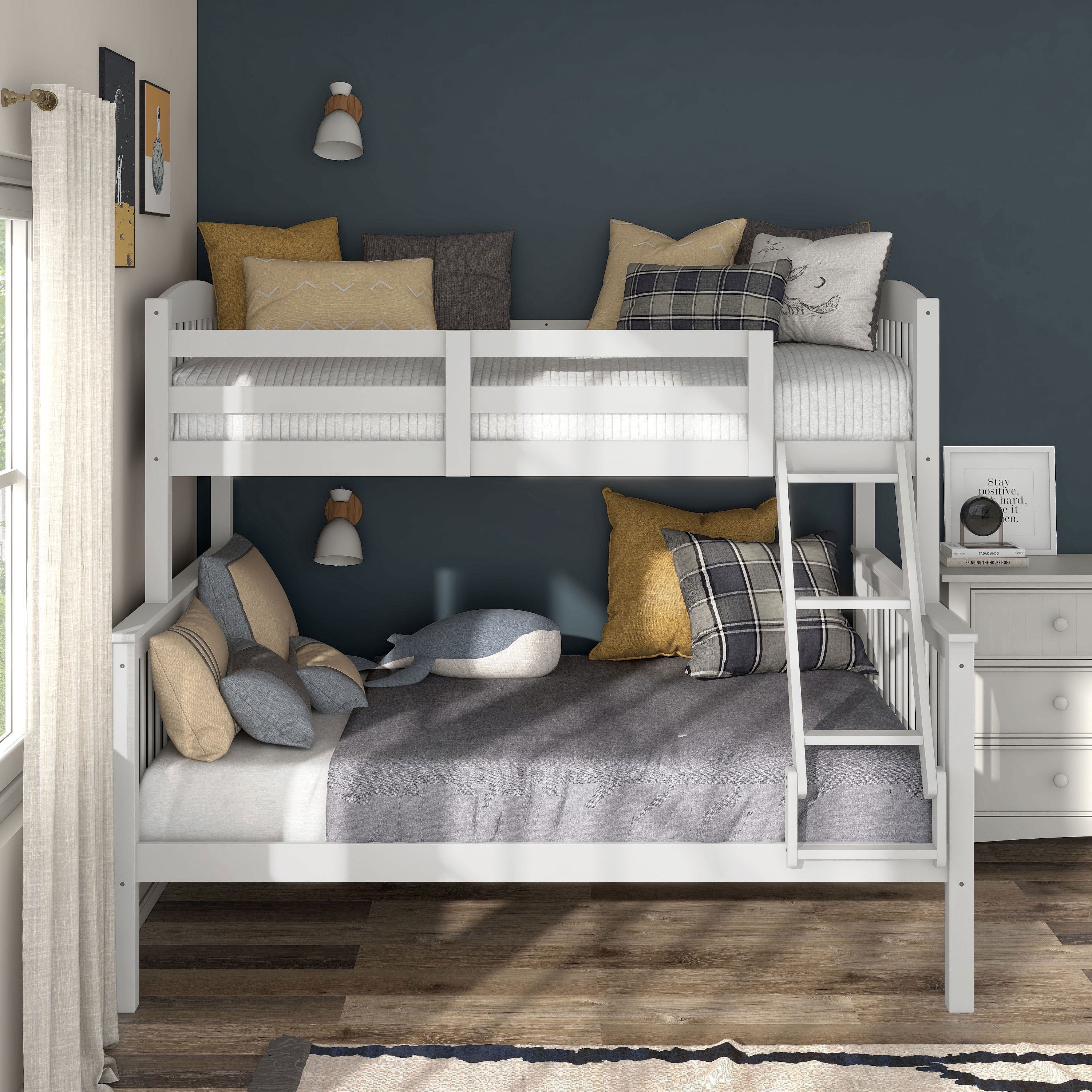 Furniture of America Aida Twin over Full Kids Wood White Bunk Bed with Ladder
