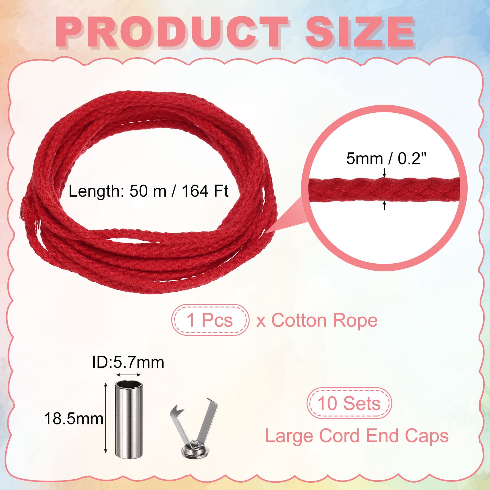 Braided Macrame Cord, 3/16" x 164ft 8 Strand Cotton Rope Braided String with Cord End Caps for Drawstring, Plant Hanger Wall Hanging, Dream Catcher Crafts, Red