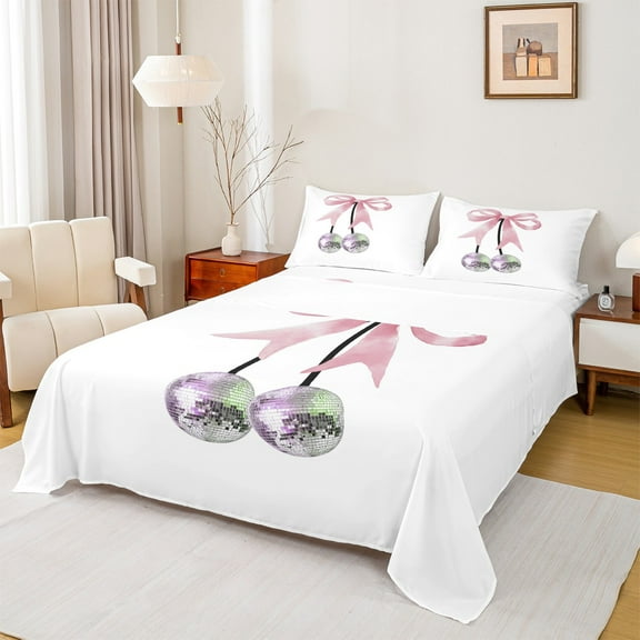 Feelyou Girly Pink Ribbon Twin Sheet Sets for Girls, Kawaii Disco Ball Cherry Twin Fitted Sheet, Cute Cartoon Flat Sheet, Ultra Soft Home Decor, 3pcs
