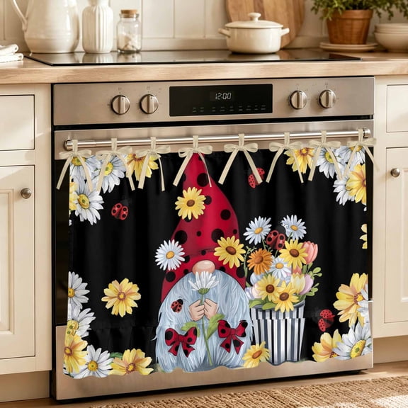 Oven Skirt Curtain for Kitchen 24x32 Inch, Black Gnomes Daisy Oven Curtain with 8 Ribbon Ties & Ruffle Trim, Stove Skirt Curtain Dishwasher for Cabinets Over Sinks Pastoral Country Garden Floral