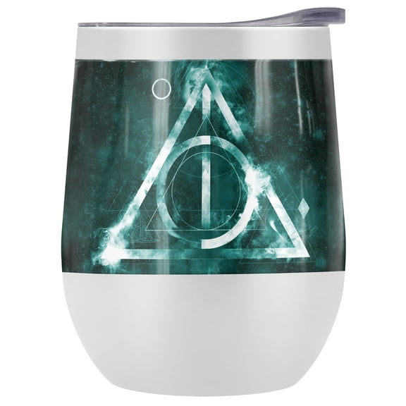 Harry Potter Official Deathly Hallows Logo 12 oz Stemless Tumbler, Stainless Steel Travel Cup|Lake Tumbler|Insulated with Leak Resistant Slide-Lock Lid, White