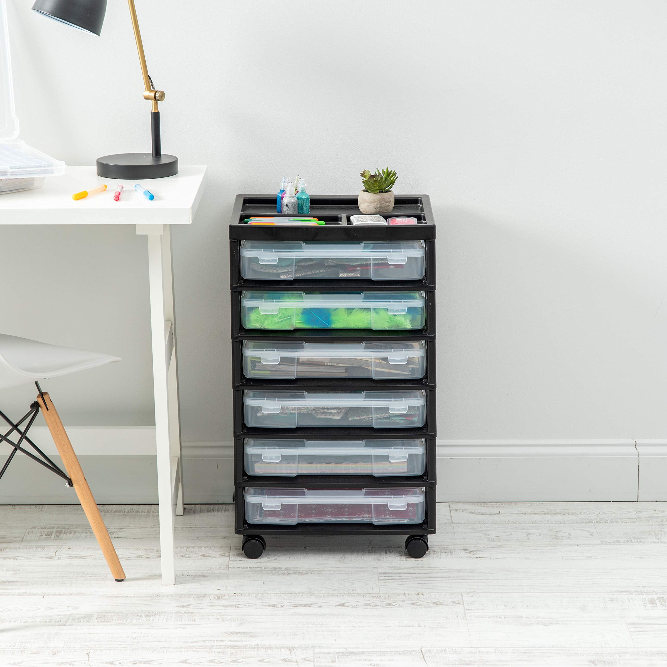 Fits 12" X Paper  6-tier Scrapbook Rolling Storage Cart With Organizer For Stationery Vinyl Tools Office Art And Craft Supplies Yarn 6 Clear Cases W/built In Handle - Black/clear