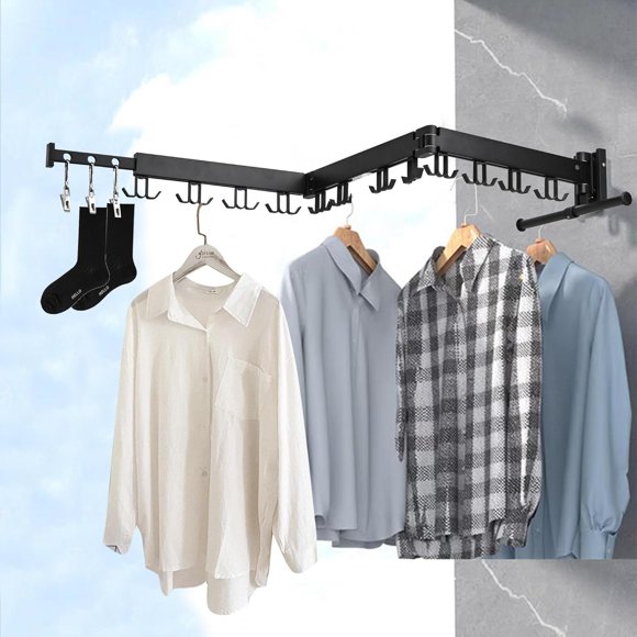 Wall Mounted Clothes Drying Rack, Folding Retractable Laundry Clothing Drying Rack, J Shape Hooks Clothes Hanger Rack