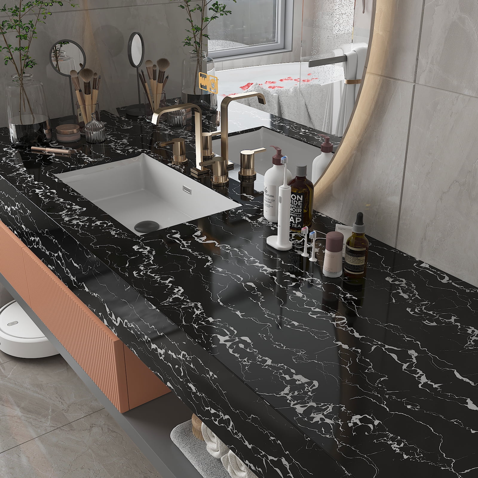 CHIHUT Glossy Black Marble Contact Paper for Countertops Waterproof 17.7"x100" Marble Peel and Stick Wallpaper for Bedroom Vinyl Self Adhesive Removable Wallpaper for Kitchen Cabinets Walls Shelf
