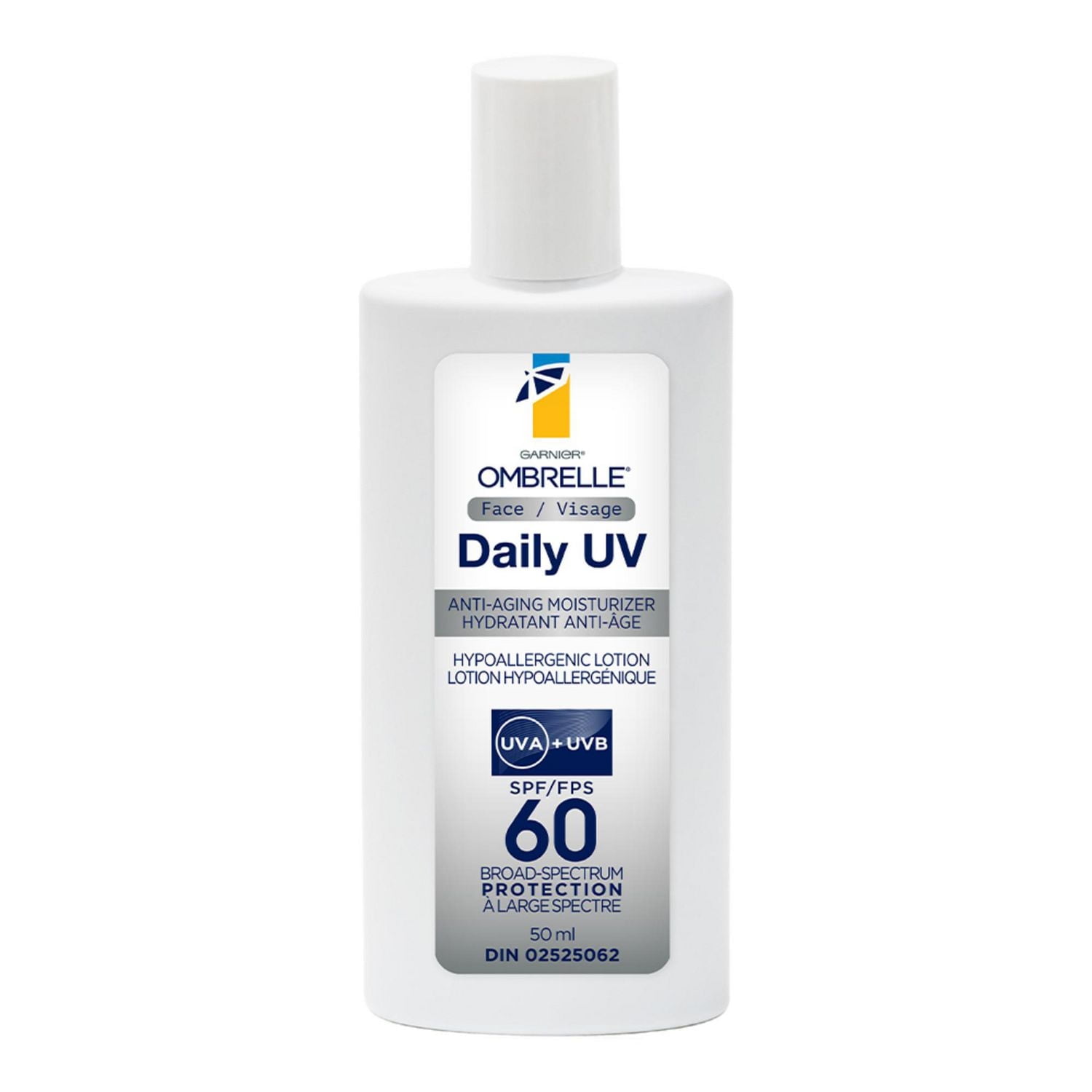 Garnier Ombrelle Daily UV SPF 60, lotion solaire légère anti-âge pour le visage et crème hydratante, très haute protection à large spectre, hydrate et combat les signes du vieillissement, hypoallergén