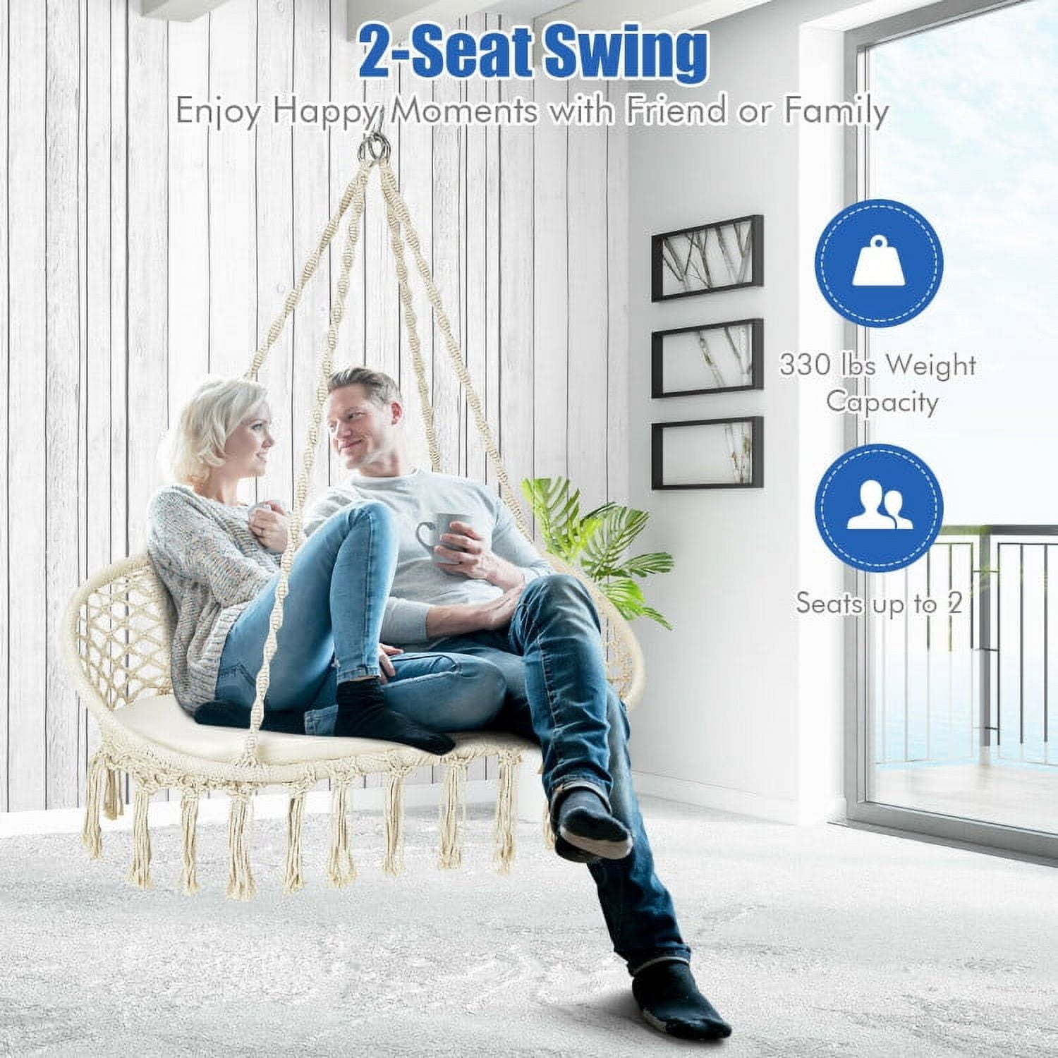 Aimee Lii 2 Person Hanging Hammock Chair with Cushion Macrame Swing, Patio Swing Chair, Beige