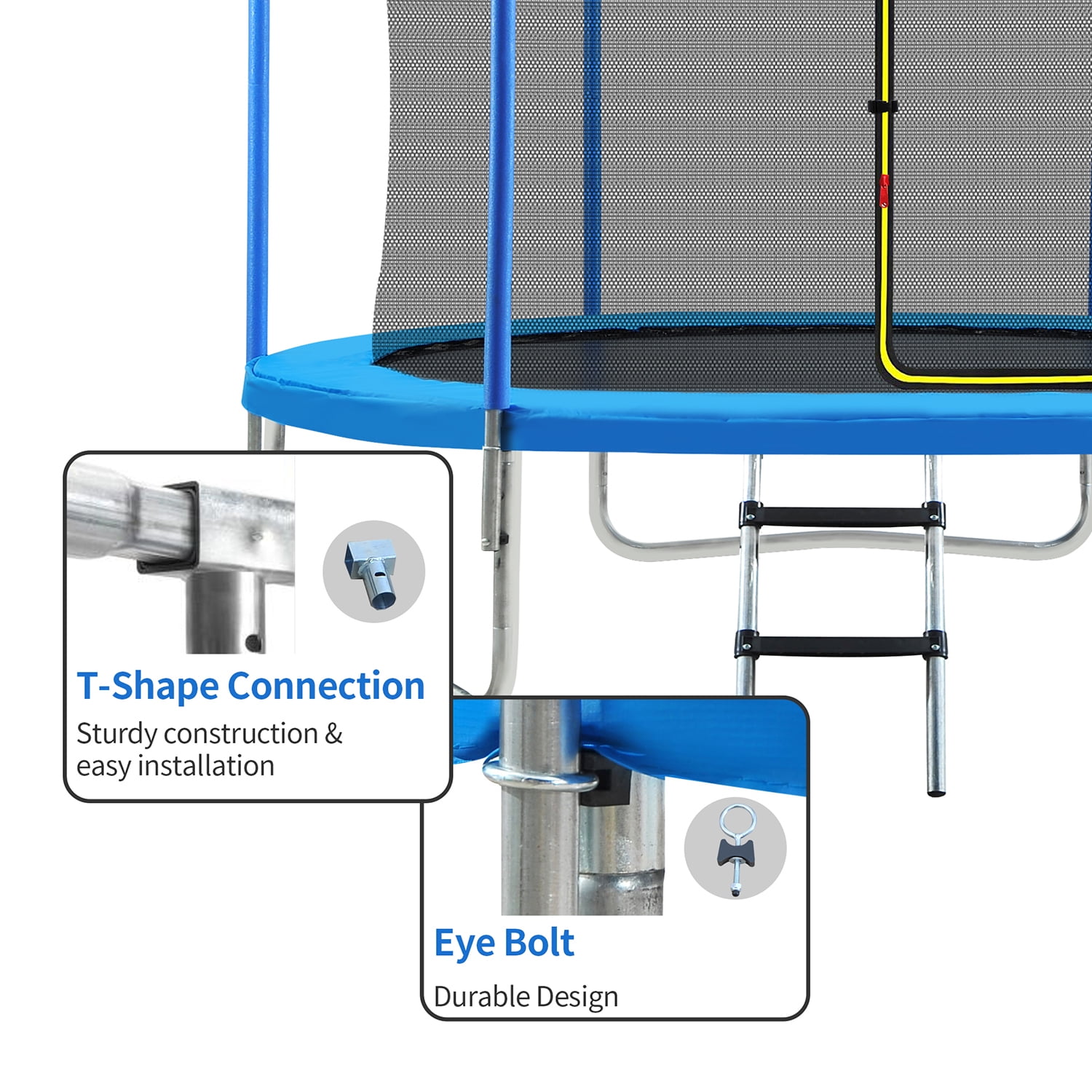 Kadyn Jumping Trampoline, 8FT Toddlers Trampoline with Safety Enclosure Net, Metal Mini Round Small Trampolines with Basketball Hoop and Ladder, Blue Kadyn Jumping Trampoline, 8FT Toddlers Trampoline with Safety Enclosure Net, Metal Mini Round Small Trampolines with Basketball Hoop and Ladder, Blue