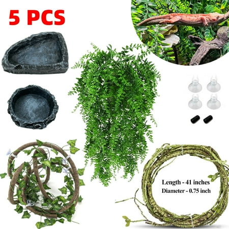 Reptile Vines and Resin Rock Reptile Water Dish Food Bowl, Flexible Jungle Climbing Vines Terrarium Plastic Plants, Tank Accessories Decor for Gecko Snake Lizard Bearded Dragon Hermit Crab Frog